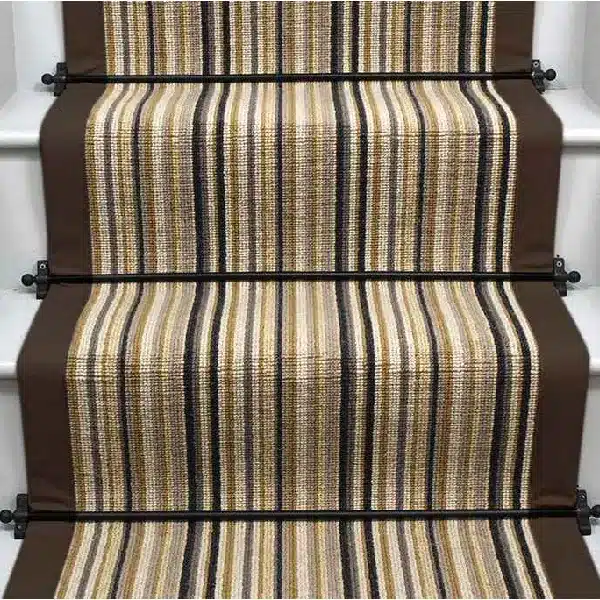 French Mustard wool boucle stair runner with brown edging and black stair rods. (1)