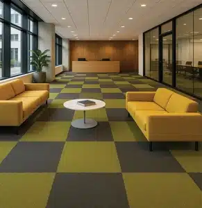Modern checkered carpet tiles in olive green and charcoal grey for luxury office reception areas in Dubai.