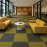Modern checkered carpet tiles in olive green and charcoal grey for luxury office reception areas in Dubai.