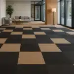 Premium black and tan checkered carpet tiles for spacious corporate building lobbies in UAE.