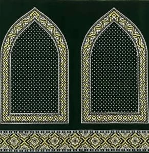 Traditional Masjid Musalla carpet with emerald green base and golden borders.
