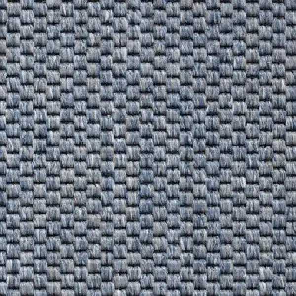 blue and gray woven propylene carpet with a basketweave pattern