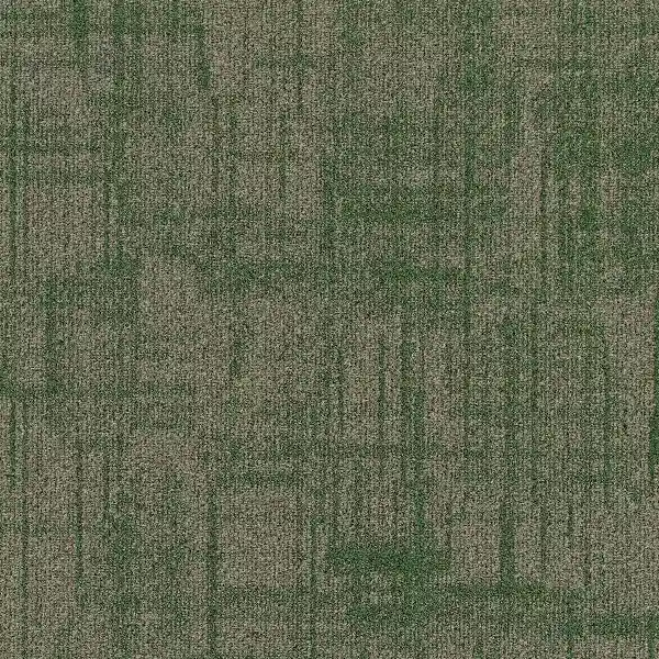 moss green low-pile nylon carpet with abstract vertical striations.