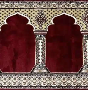 red mosque carpet in Dubai with traditional Mihrab patterns for masjid prayer halls and Islamic centers.