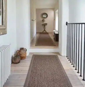 sisal carpet hallway runners with grey borders for luxury villa corridors and rustic home interiors in Dubai.