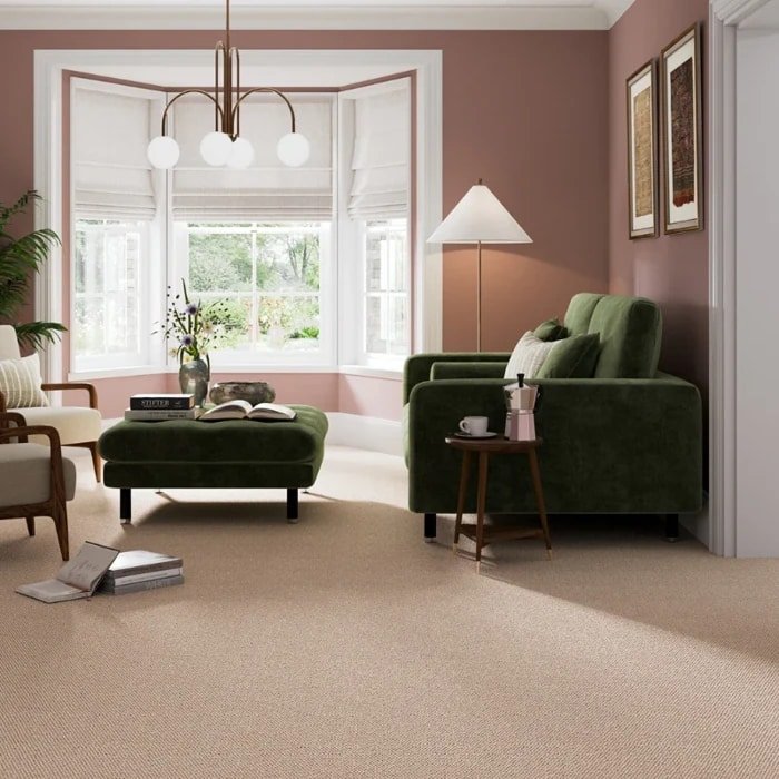 Light beige Berber wall to wall carpet in a living room