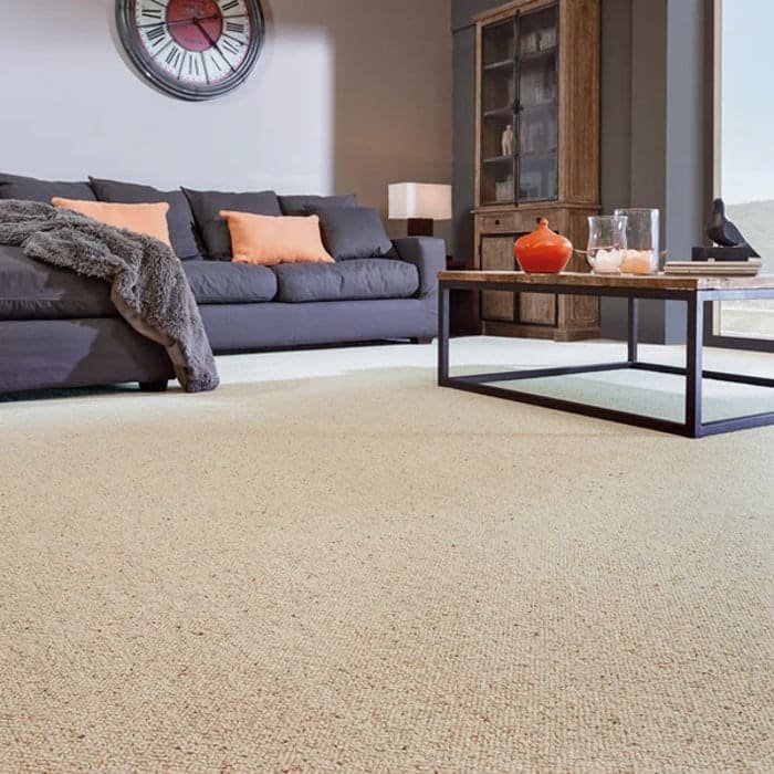 Speckled Berber wall to wall carpet by a grey sofa