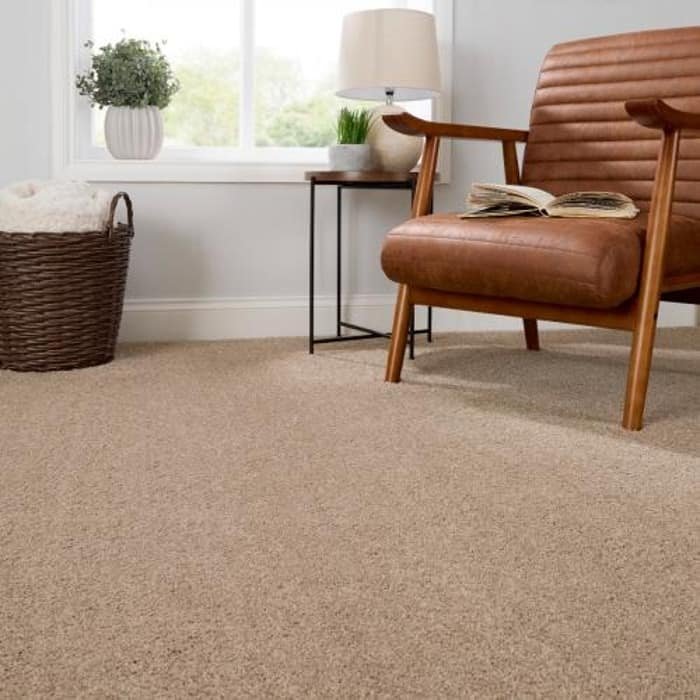 Tan cut pile wall to wall carpet next to a leather chair